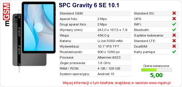 Dane telefonu SPC Gravity 6 SE 10.1