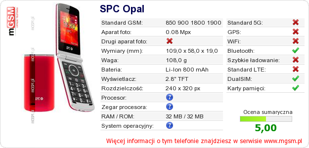 Dane telefonu SPC Opal