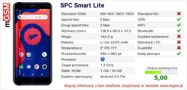 Dane telefonu SPC Smart Lite