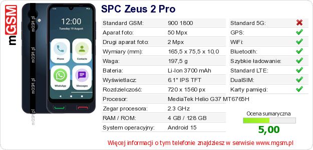 Dane telefonu SPC Zeus 2 Pro