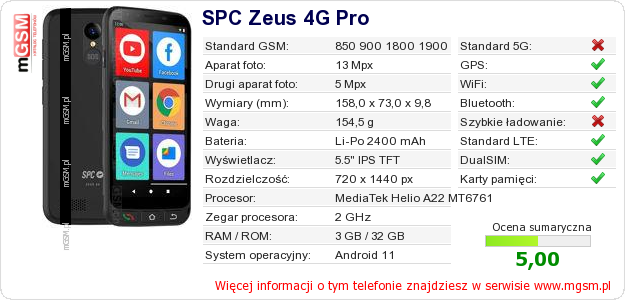 Dane telefonu SPC Zeus 4G Pro