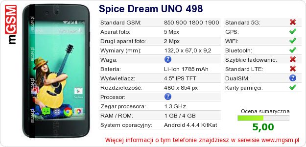 Dane telefonu Spice Dream UNO 498
