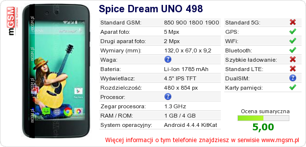 Dane telefonu Spice Dream UNO 498