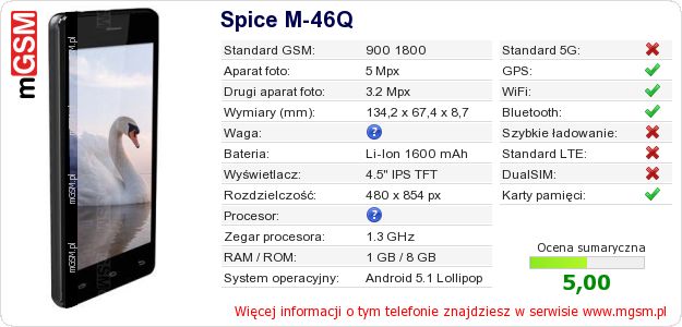 Dane telefonu Spice M-46Q Dane telefonu Spice M-46Q