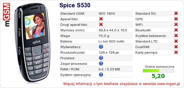 Dane telefonu Spice S530