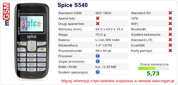Dane telefonu Spice S540 Dane telefonu Spice S540