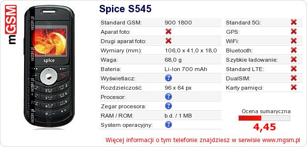 Dane telefonu Spice S545 Dane telefonu Spice S545
