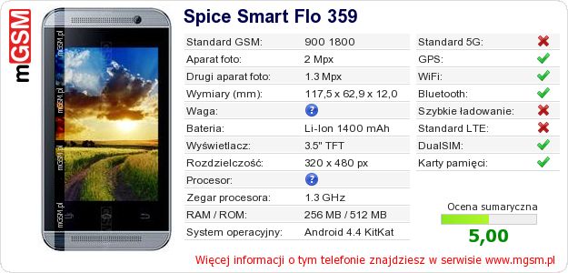 Dane telefonu Spice Smart Flo 359 Dane telefonu Spice Smart Flo 359