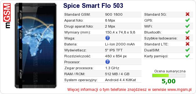 Dane telefonu Spice Smart Flo 503