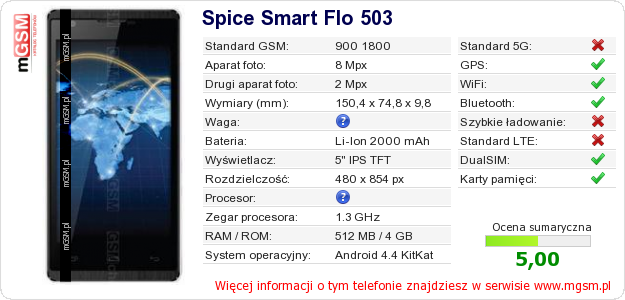 Dane telefonu Spice Smart Flo 503