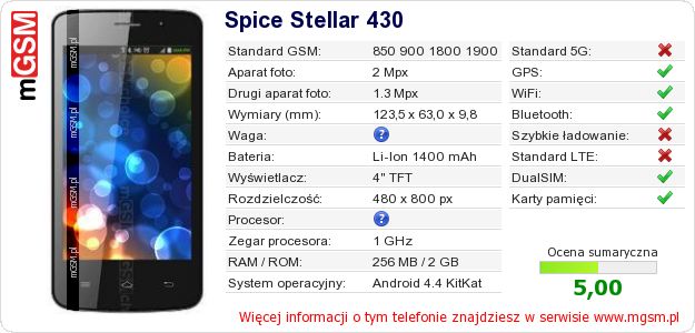 Dane telefonu Spice Stellar 430 Dane telefonu Spice Stellar 430