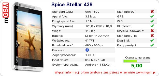 Dane telefonu Spice Stellar 439 Dane telefonu Spice Stellar 439