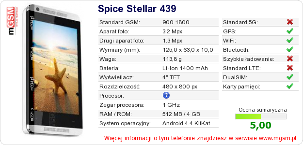 Dane telefonu Spice Stellar 439