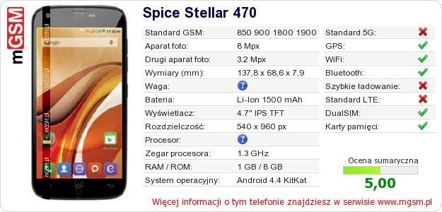 Dane telefonu Spice Stellar 470 Dane telefonu Spice Stellar 470
