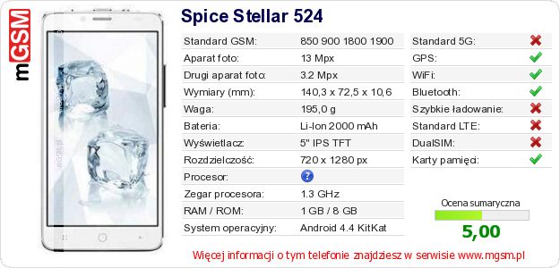 Dane telefonu Spice Stellar 524 Dane telefonu Spice Stellar 524