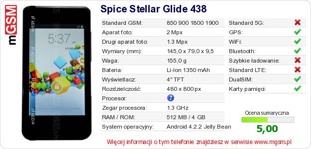 Dane telefonu Spice Stellar Glide 438