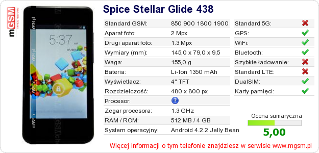 Dane telefonu Spice Stellar Glide 438 Dane telefonu Spice Stellar Glide 438