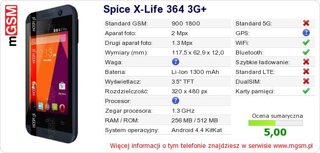 Dane telefonu Spice X-Life 364 3G+