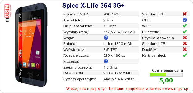 Dane telefonu Spice X-Life 364 3G+