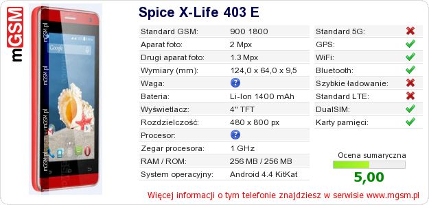Dane telefonu Spice X-Life 403 E