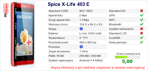 Dane telefonu Spice X-Life 403 E Dane telefonu Spice X-Life 403 E