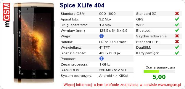 Dane telefonu Spice XLife 404