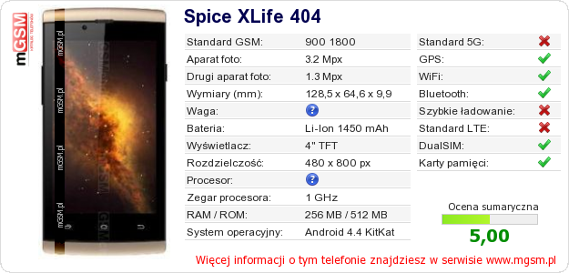Dane telefonu Spice XLife 404 Dane telefonu Spice XLife 404