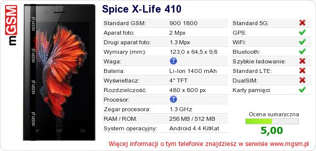 Dane telefonu Spice X-Life 410