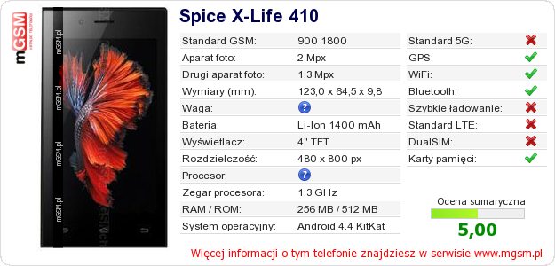 Dane telefonu Spice X-Life 410 Dane telefonu Spice X-Life 410