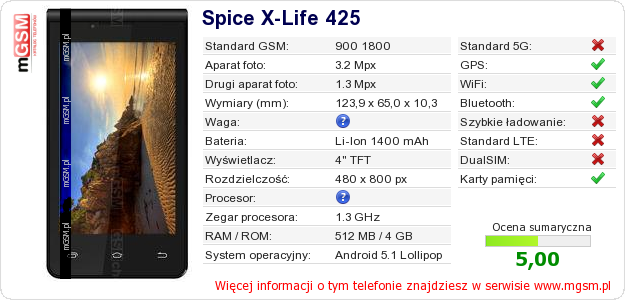 Dane telefonu Spice X-Life 425 Dane telefonu Spice X-Life 425