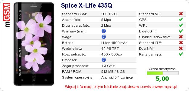 Dane telefonu Spice X-Life 435Q