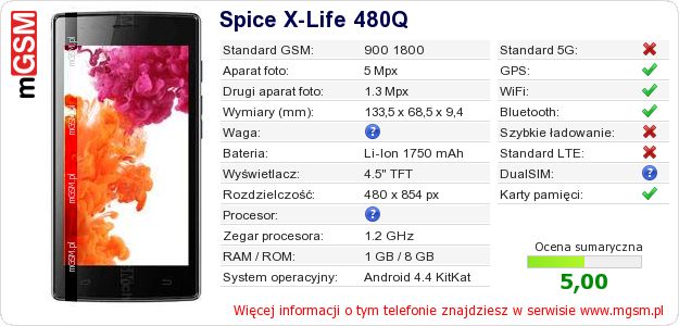 Dane telefonu Spice X-Life 480Q