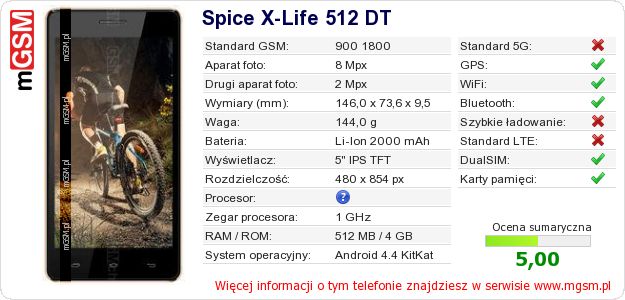 Dane telefonu Spice X-Life 512 DT