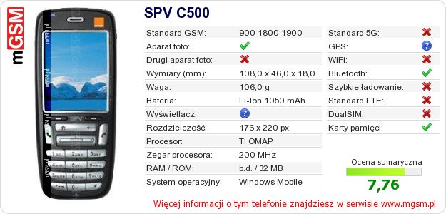 Dane telefonu SPV C500