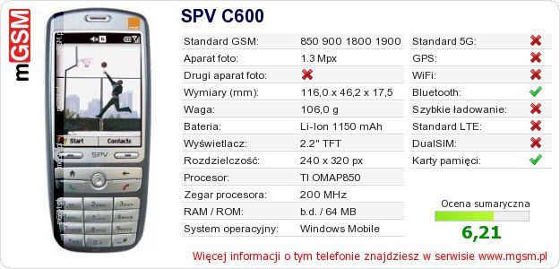 Dane telefonu SPV C600