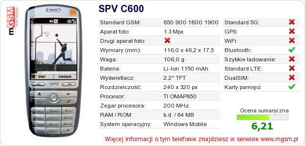 Dane telefonu SPV C600