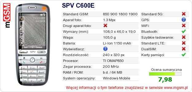 Dane telefonu SPV C600E Dane telefonu SPV C600E