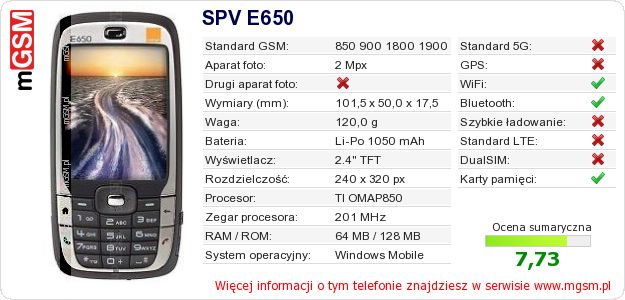 Dane telefonu SPV E650 Dane telefonu SPV E650