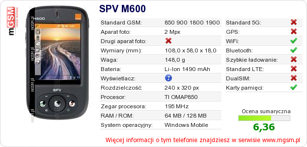 Dane telefonu SPV M600 Dane telefonu SPV M600