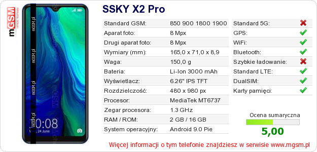 Dane telefonu SSKY X2 Pro Dane telefonu SSKY X2 Pro