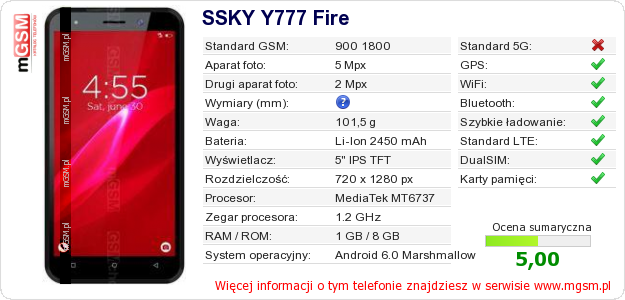 Dane telefonu SSKY Y777 Fire