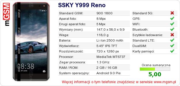 Dane telefonu SSKY Y999 Reno