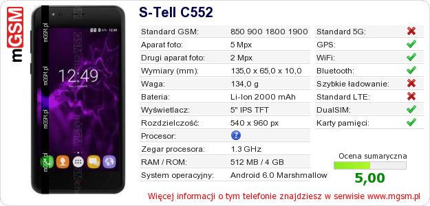 Dane telefonu S-Tell C552 Dane telefonu S-Tell C552