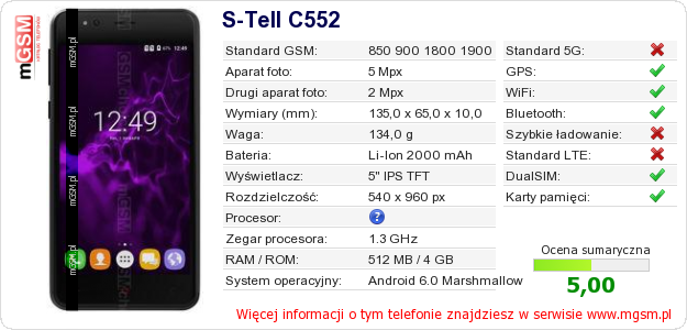 Dane telefonu S-Tell C552