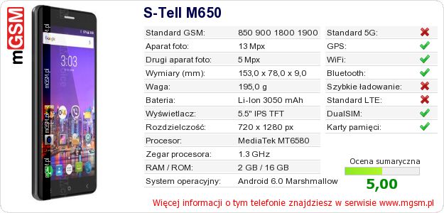 Dane telefonu S-Tell M650 Dane telefonu S-Tell M650