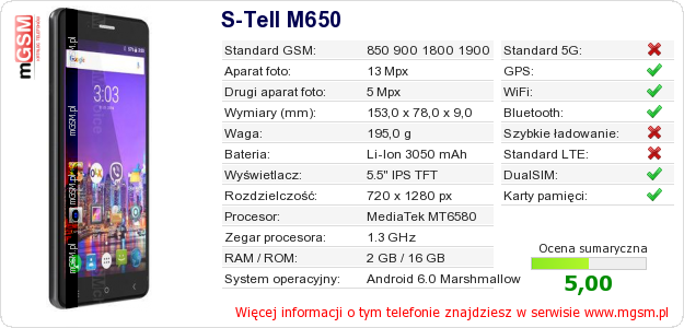 Dane telefonu S-Tell M650