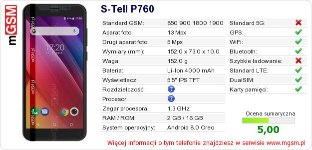 Dane telefonu S-Tell P760 Dane telefonu S-Tell P760