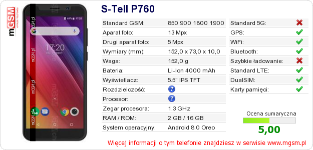 Dane telefonu S-Tell P760