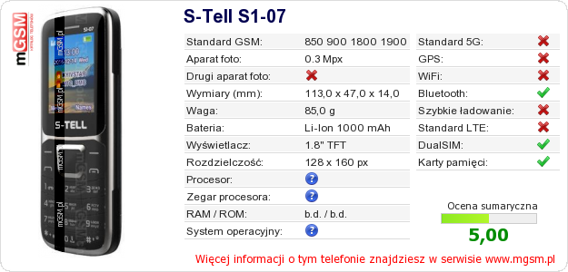 Dane telefonu S-Tell S1-07 Dane telefonu S-Tell S1-07