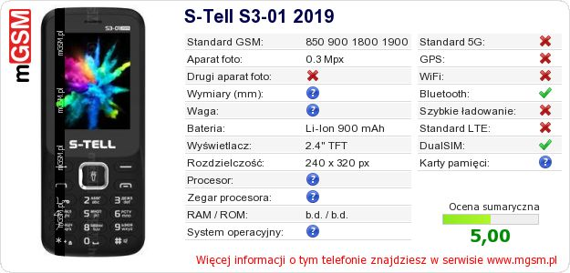 Dane telefonu S-Tell S3-01 2019 Dane telefonu S-Tell S3-01 2019